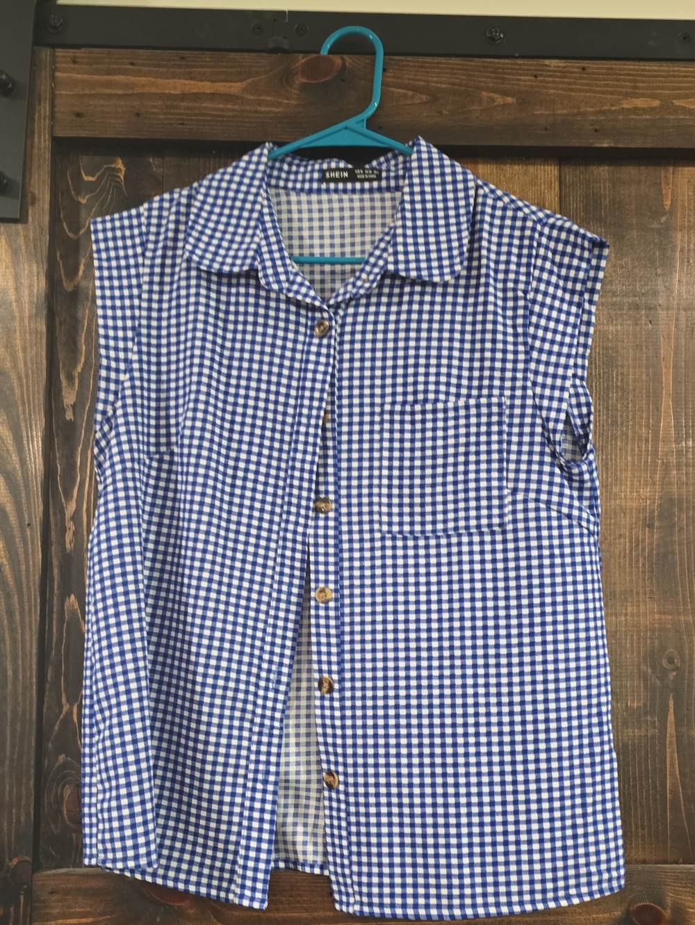 SHEIN Blue and White Gingham Sleeveless Button-Down Shirt